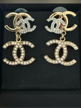 ChaneI  Triple Logo Faux Pearl Gold Tone Rhinestone Drop Dangle Earrings